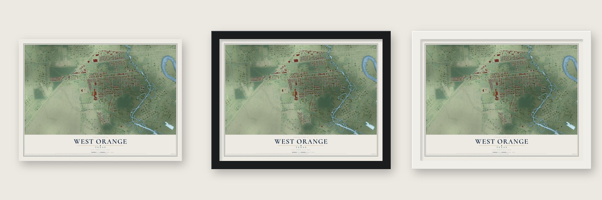 West Orange, Texas map unframed, in a black wood frame and in a white wood frame