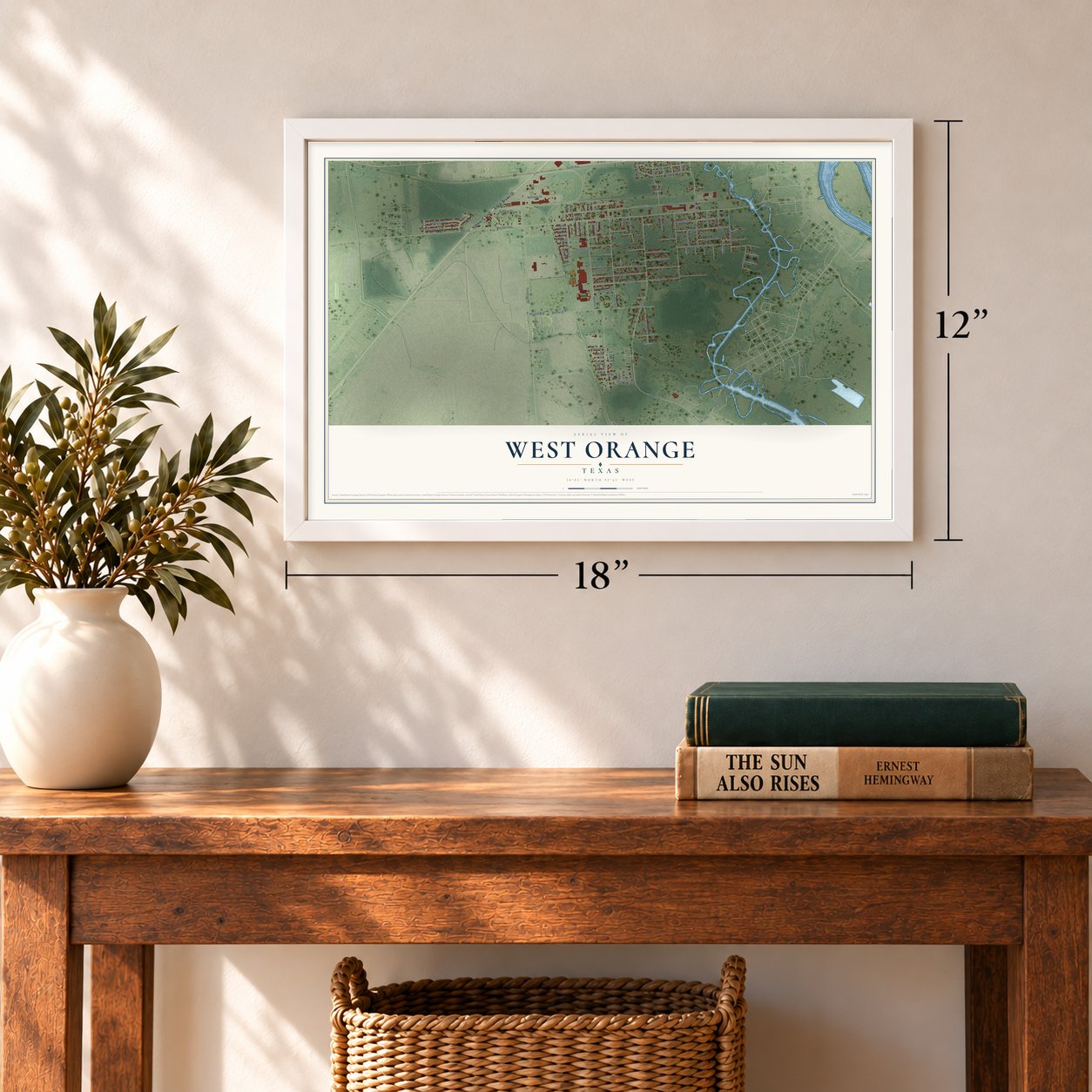 West Orange, Texas map, 12 x 18 inch print in a white frame in an entryway