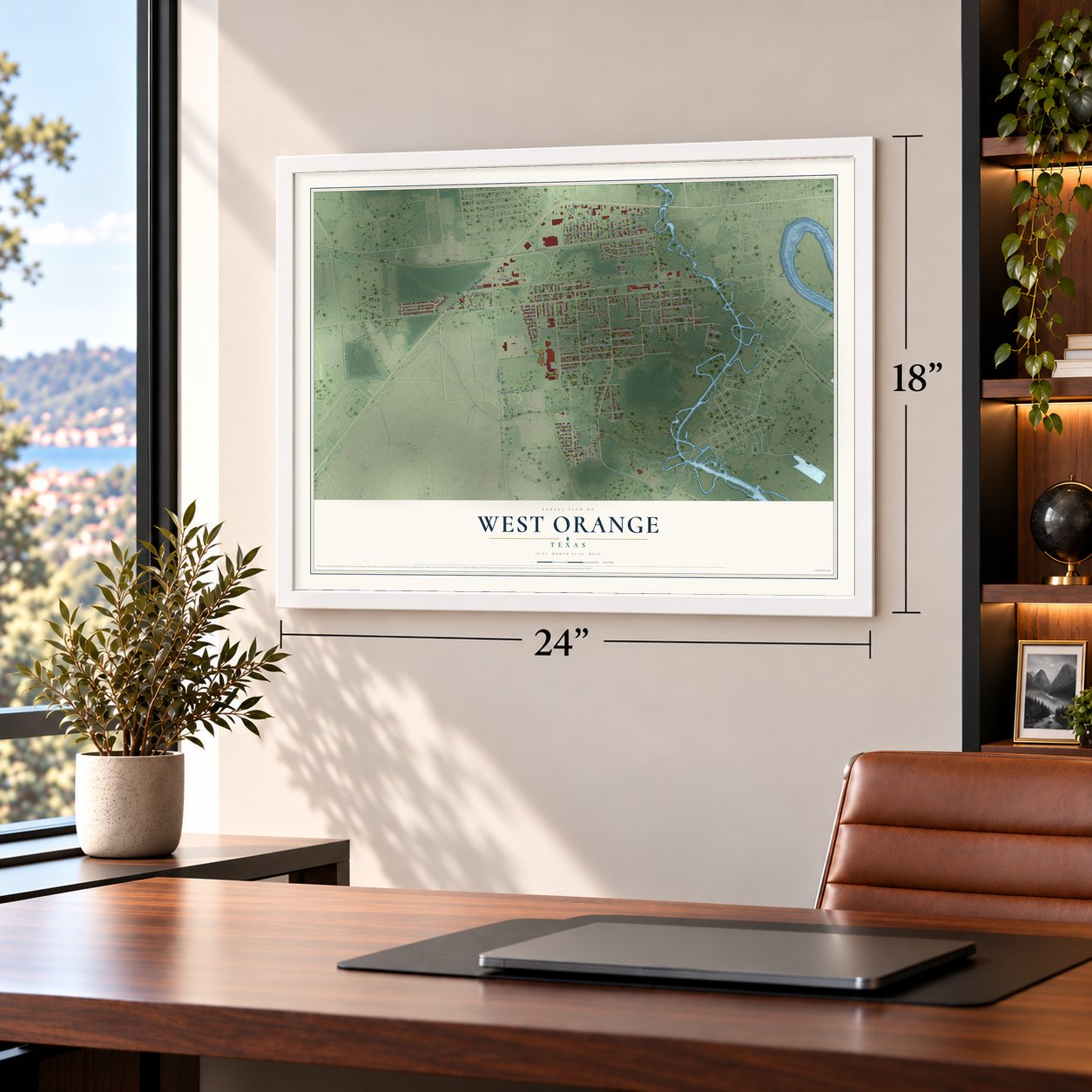 West Orange, Texas map, 18 x 24 inch print in a white frame in a home office