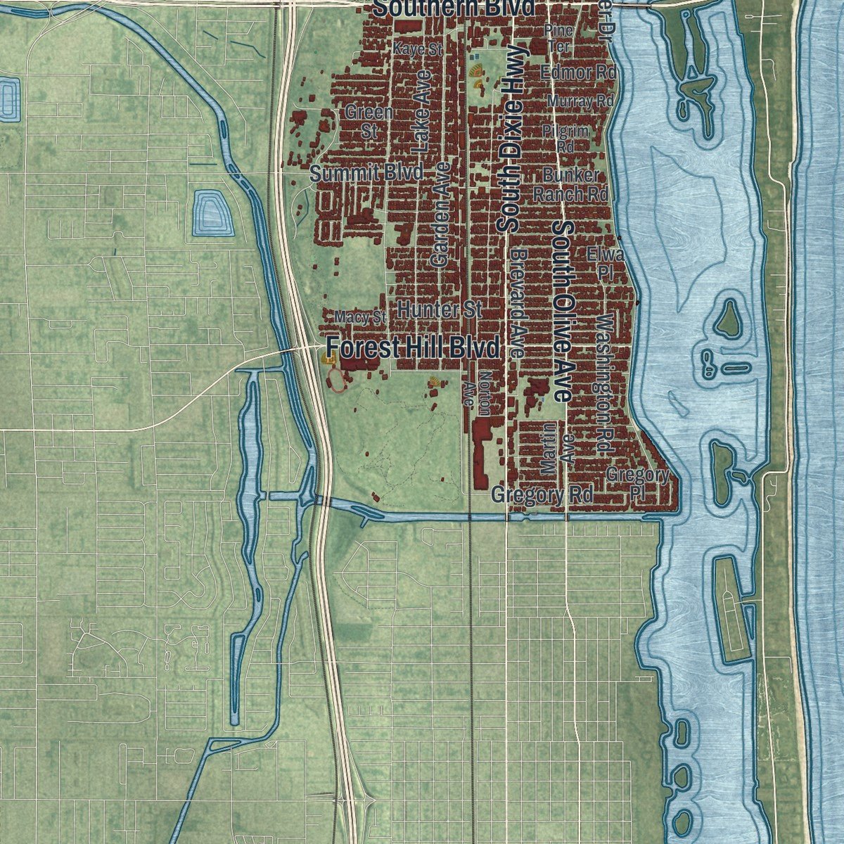 Second close-up of the map of West Palm Beach, Florida print showing more streets and buildings