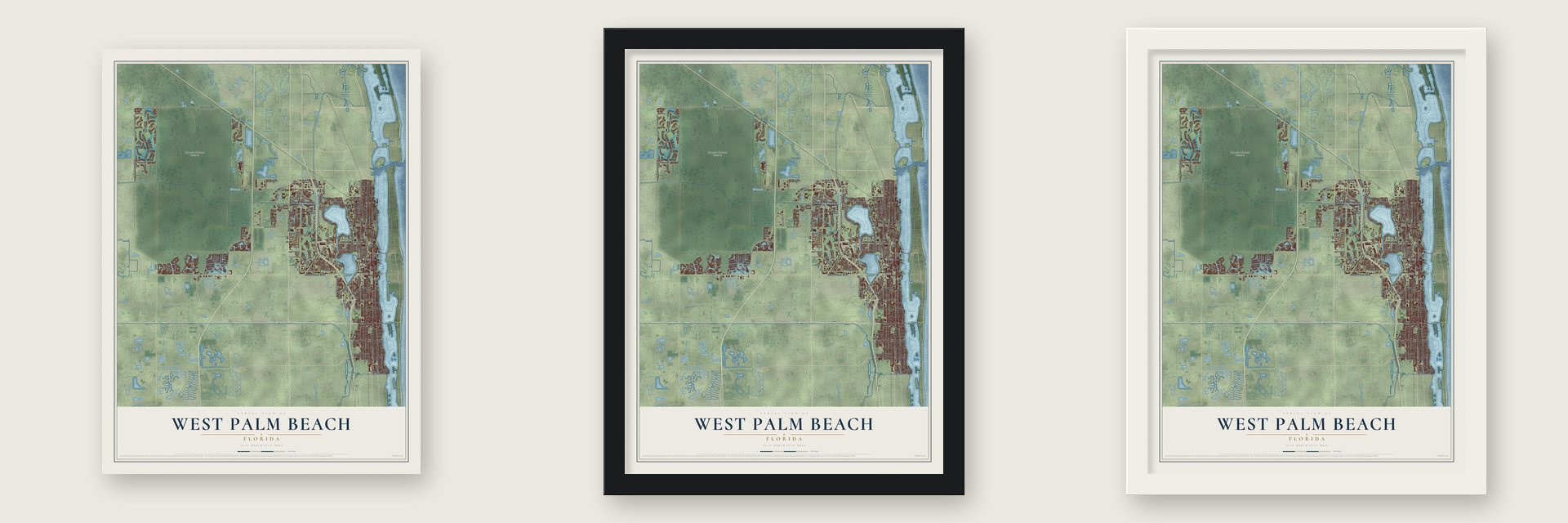 West Palm Beach, Florida map unframed, in a black wood frame and in a white wood frame