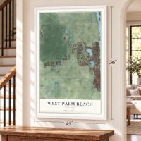 West Palm Beach, Florida map, 24 x 36 inch print in a white frame by a staircase