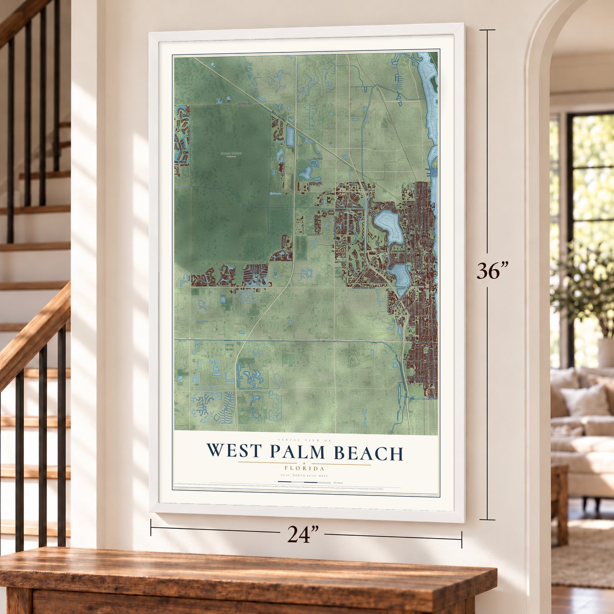 West Palm Beach, Florida map, 24 x 36 inch print in a white frame by a staircase