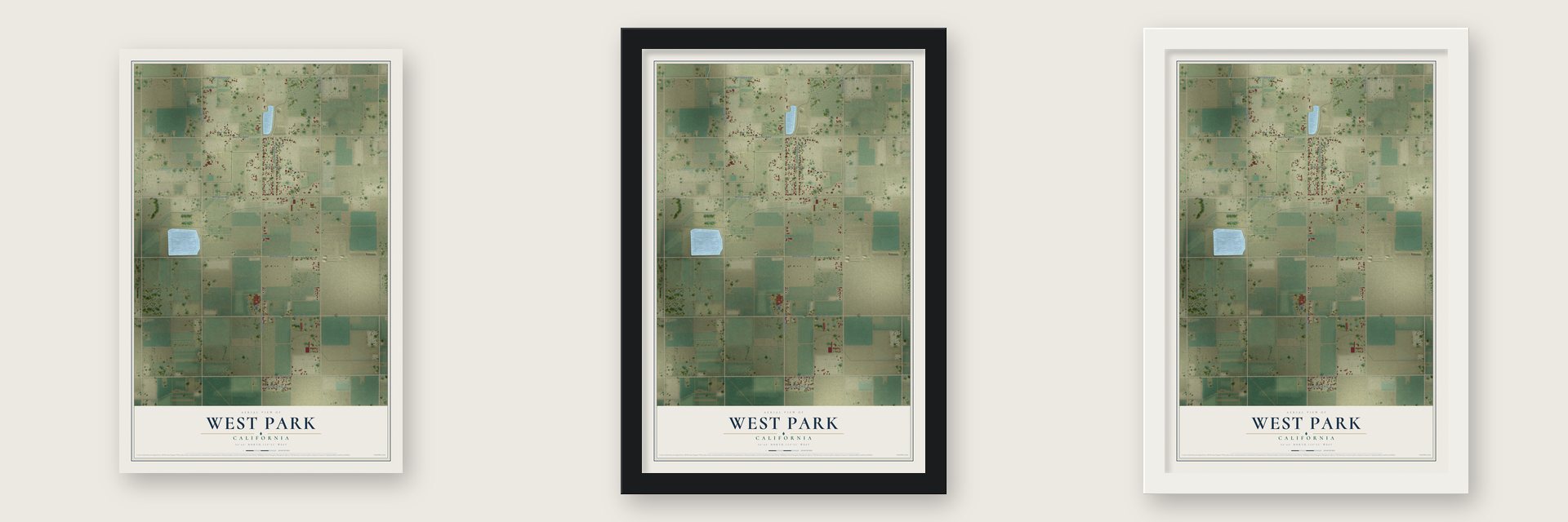 West Park, California map unframed, in a black wood frame and in a white wood frame
