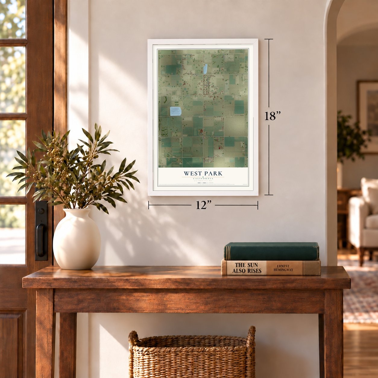 West Park, California map, 12 x 18 inch print in a white frame in an entryway