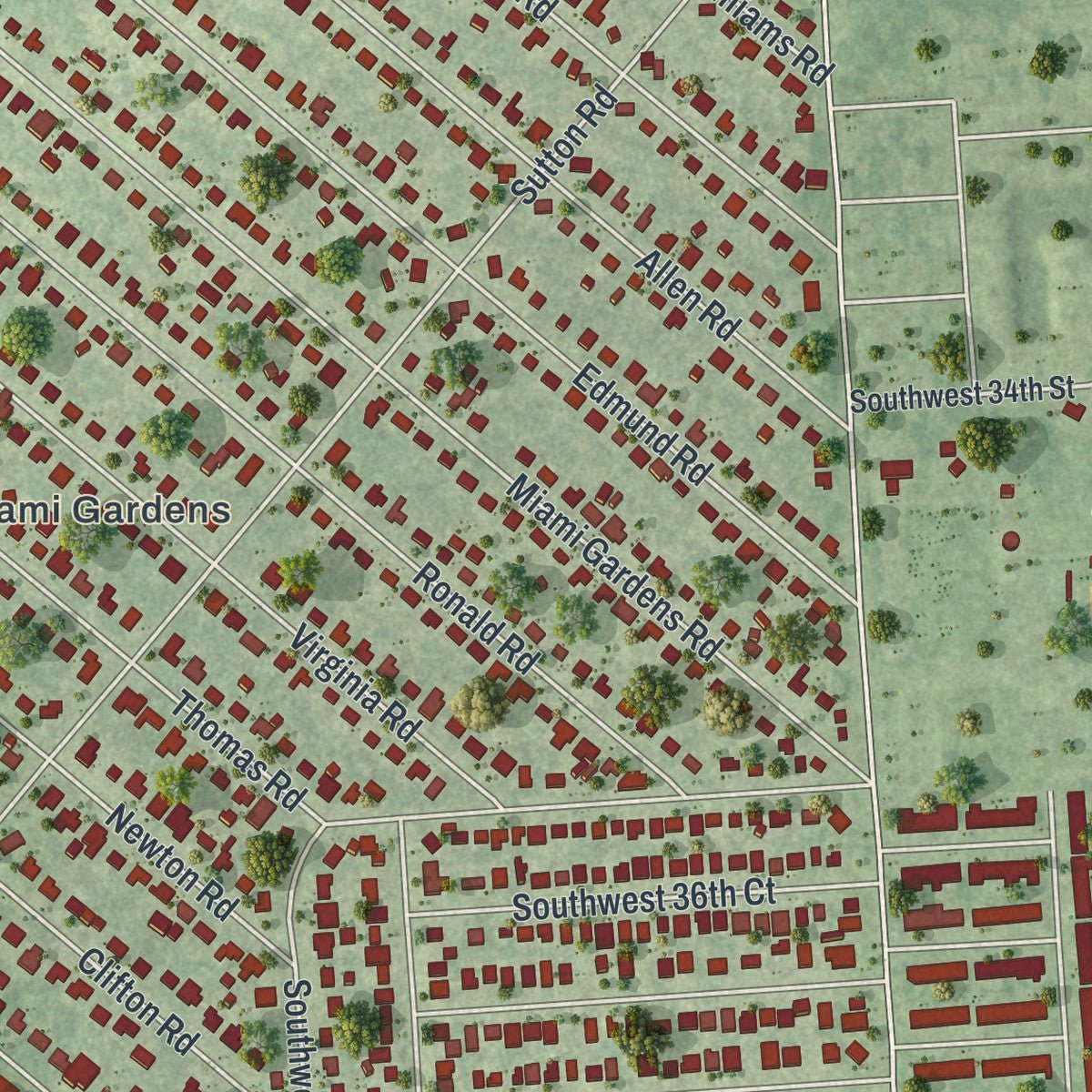 Second close-up of the map of West Park, Florida print showing more streets and buildings
