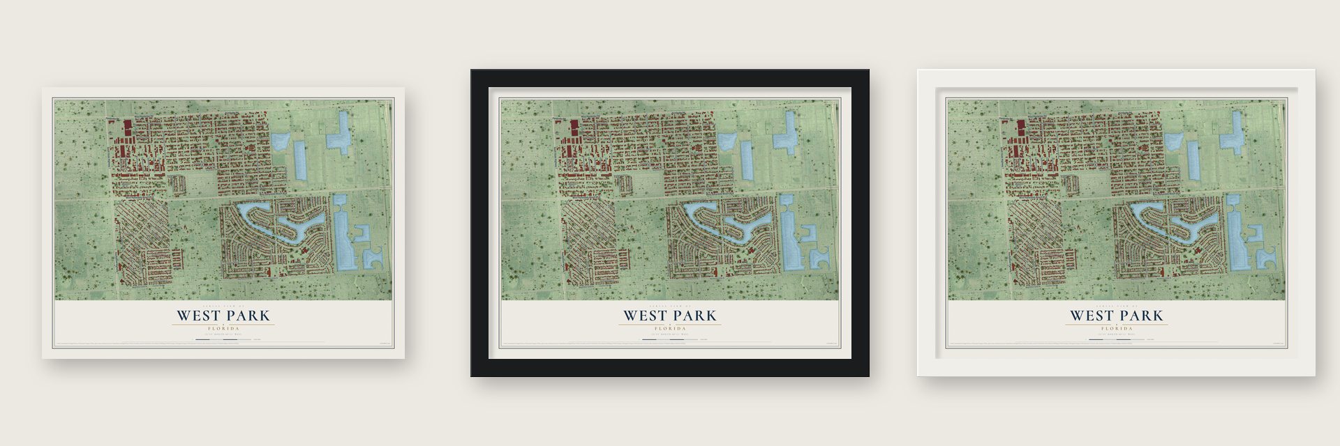 West Park, Florida map unframed, in a black wood frame and in a white wood frame