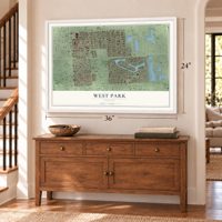West Park, Florida map, 24 x 36 inch print in a white frame above a dresser by a staircase