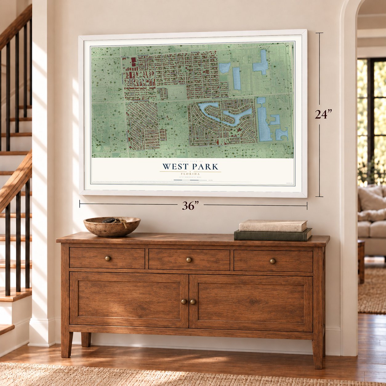 West Park, Florida map, 24 x 36 inch print in a white frame above a dresser by a staircase