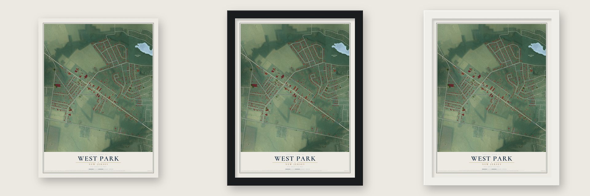West Park, New Jersey map unframed, in a black wood frame and in a white wood frame