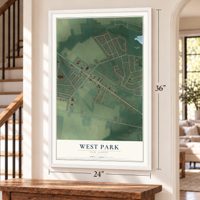 West Park, New Jersey map, 24 x 36 inch print in a white frame by a staircase