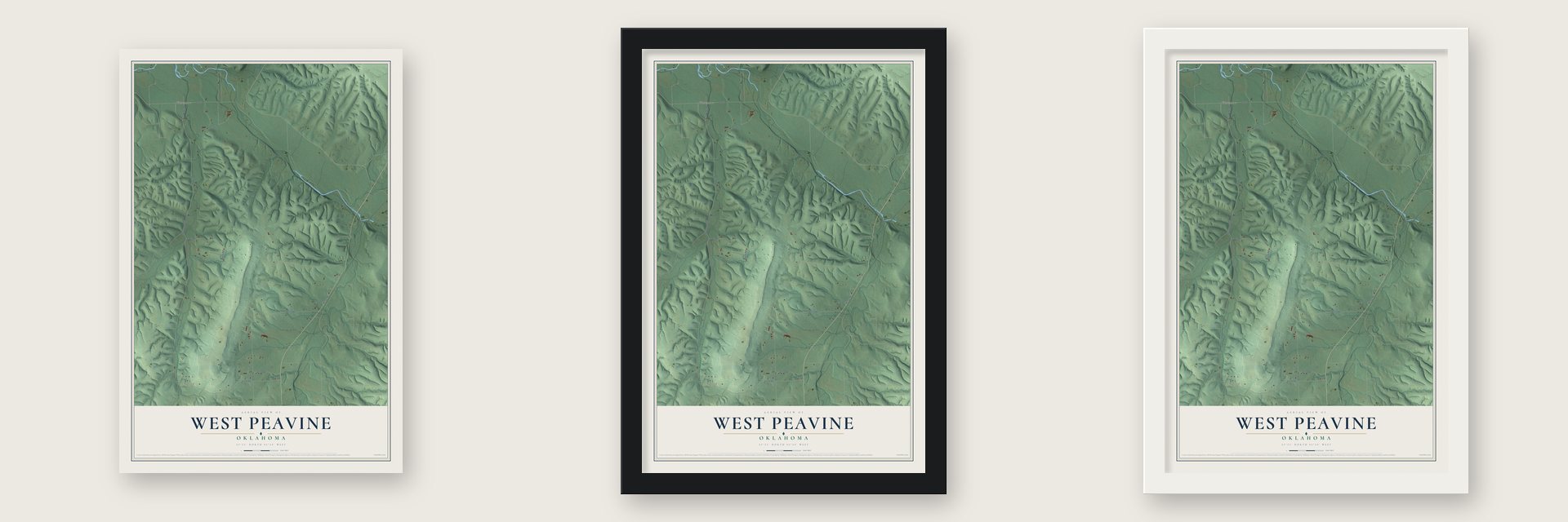 West Peavine, Oklahoma map unframed, in a black wood frame and in a white wood frame