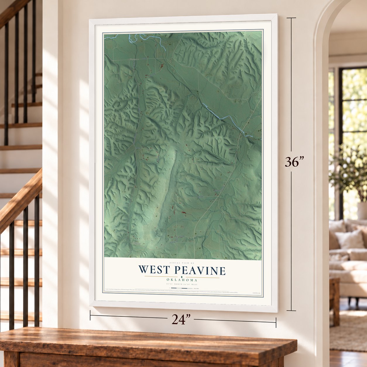 West Peavine, Oklahoma map, 24 x 36 inch print in a white frame by a staircase