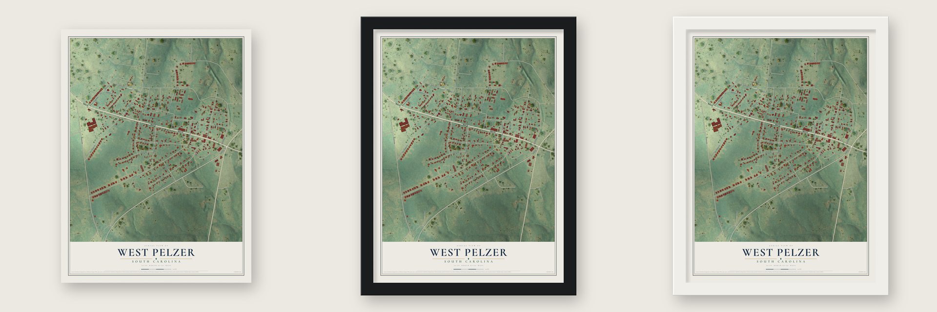 West Pelzer, South Carolina map unframed, in a black wood frame and in a white wood frame