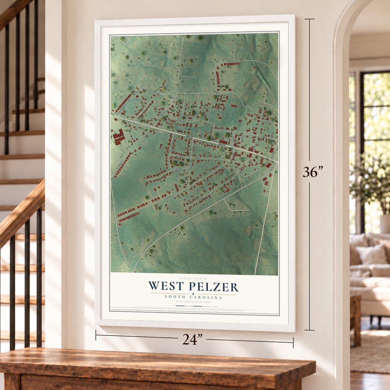 West Pelzer, South Carolina map, 24 x 36 inch print in a white frame by a staircase