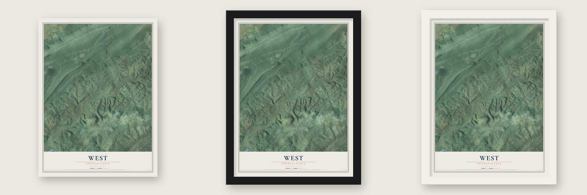 West, Pennsylvania map unframed, in a black wood frame and in a white wood frame