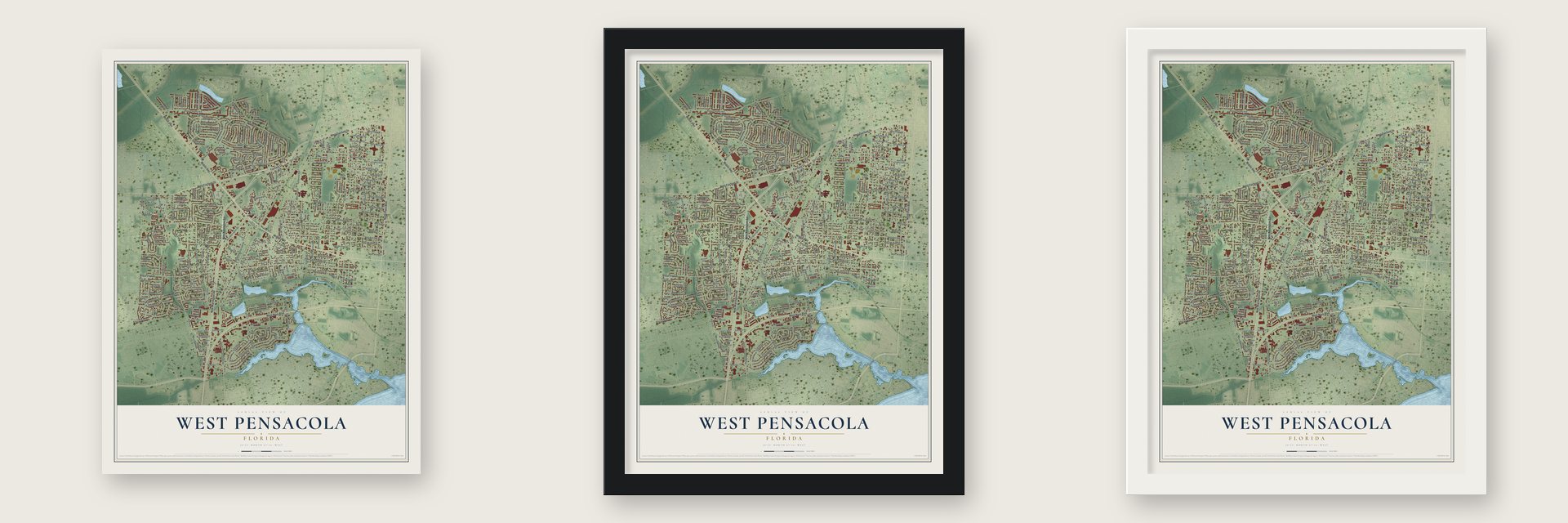 West Pensacola, Florida map unframed, in a black wood frame and in a white wood frame