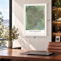 West Pensacola, Florida map, 18 x 24 inch print in a white frame in a home office