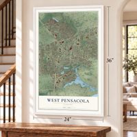 West Pensacola, Florida map, 24 x 36 inch print in a white frame by a staircase