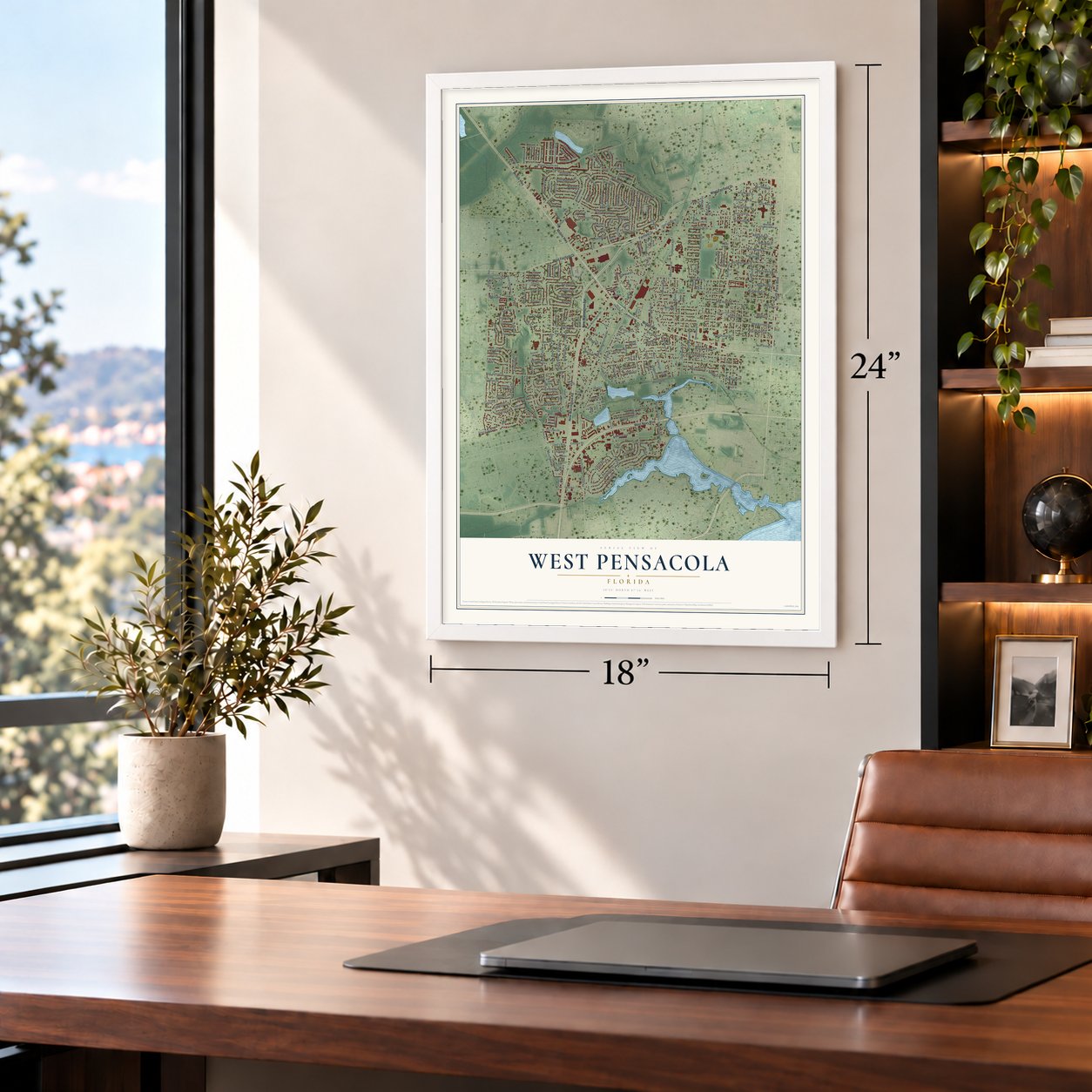 West Pensacola, Florida map, 18 x 24 inch print in a white frame in a home office