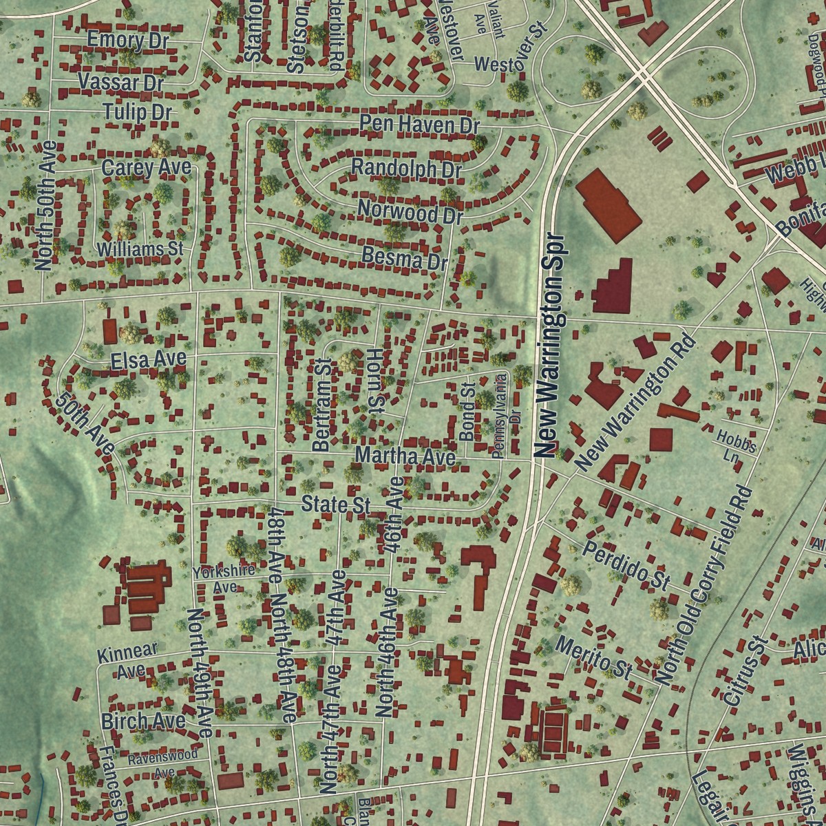Second close-up of the map of West Pensacola, Florida print showing more streets and buildings