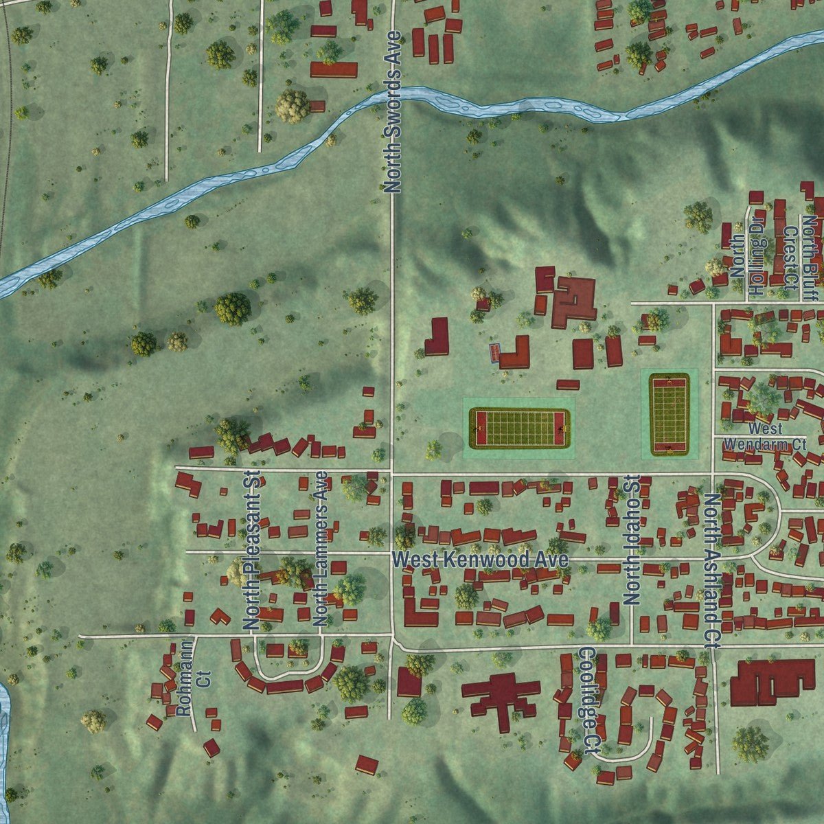 Second close-up of the map of West Peoria, Illinois print showing more streets and buildings