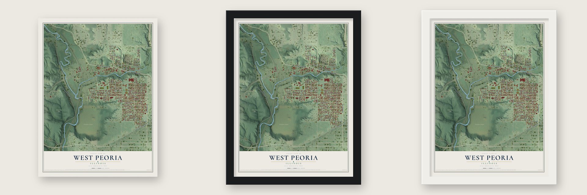 West Peoria, Illinois map unframed, in a black wood frame and in a white wood frame