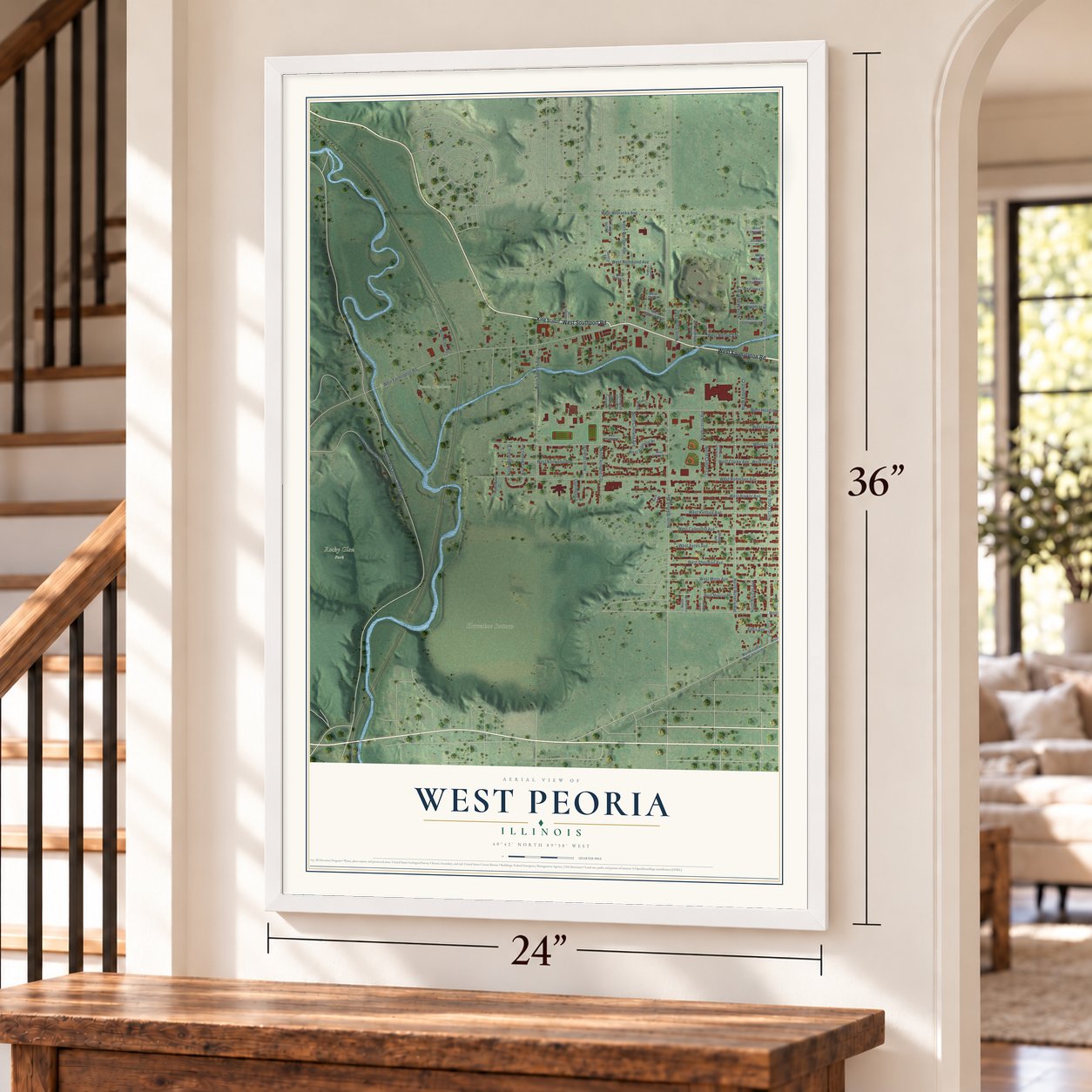 West Peoria, Illinois map, 24 x 36 inch print in a white frame by a staircase