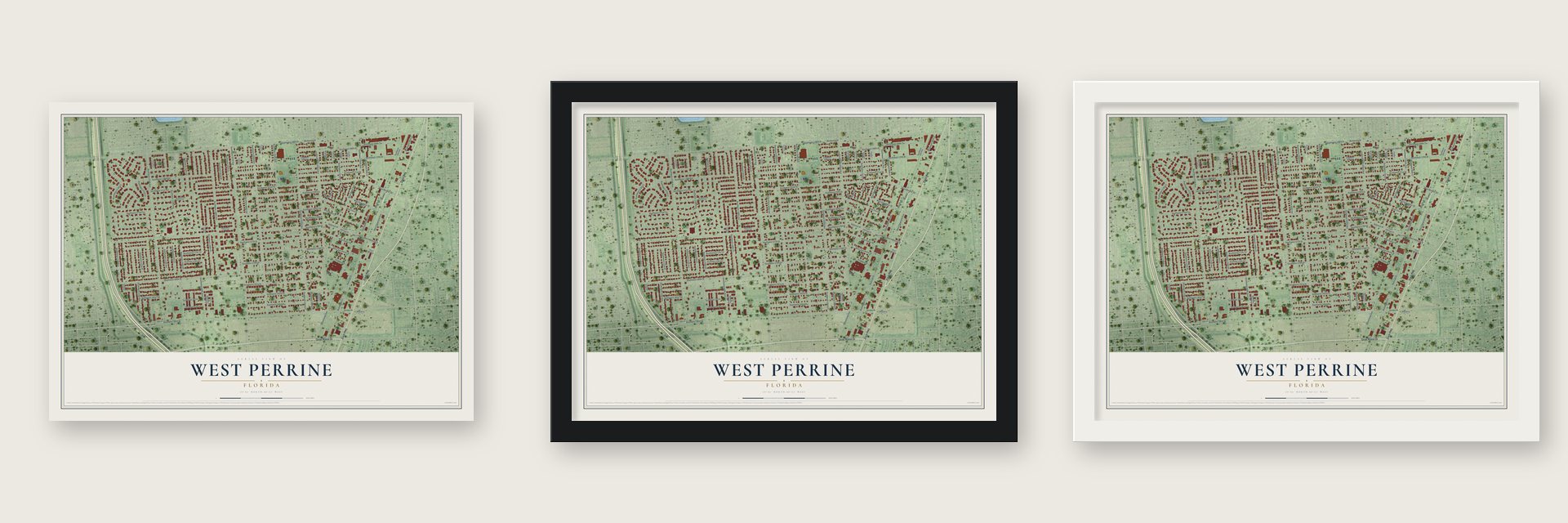 West Perrine, Florida map unframed, in a black wood frame and in a white wood frame