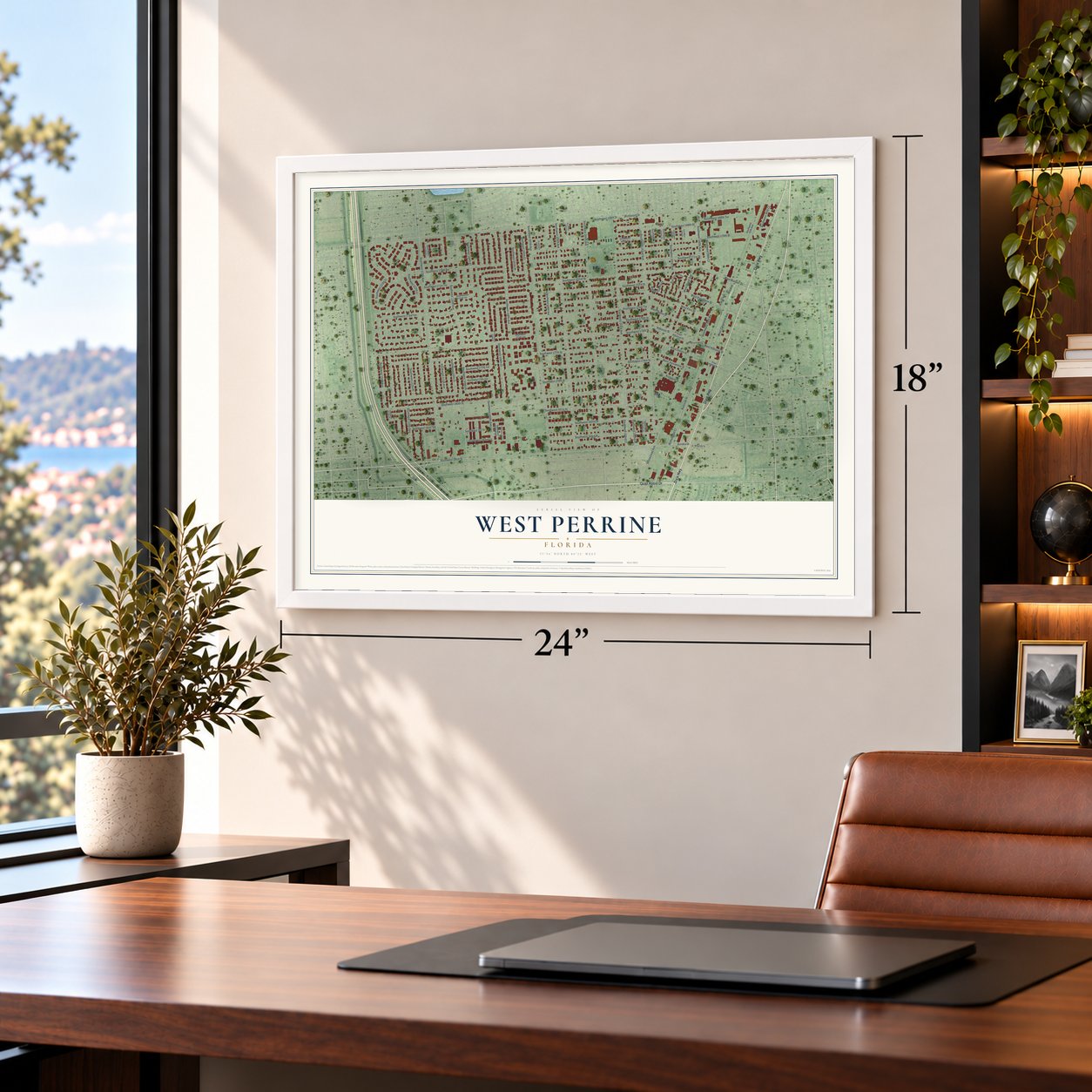 West Perrine, Florida map, 18 x 24 inch print in a white frame in a home office