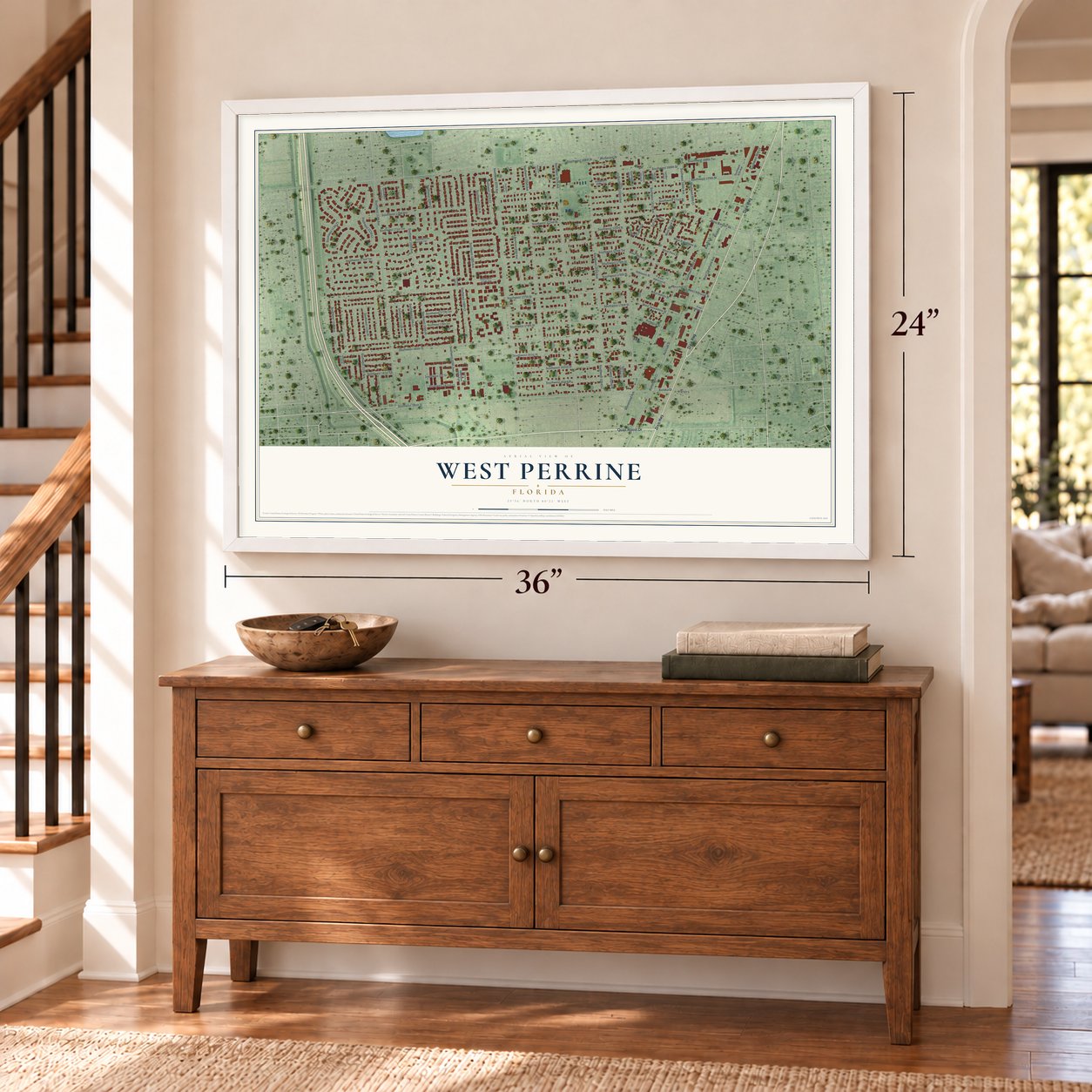 West Perrine, Florida map, 24 x 36 inch print in a white frame above a dresser by a staircase