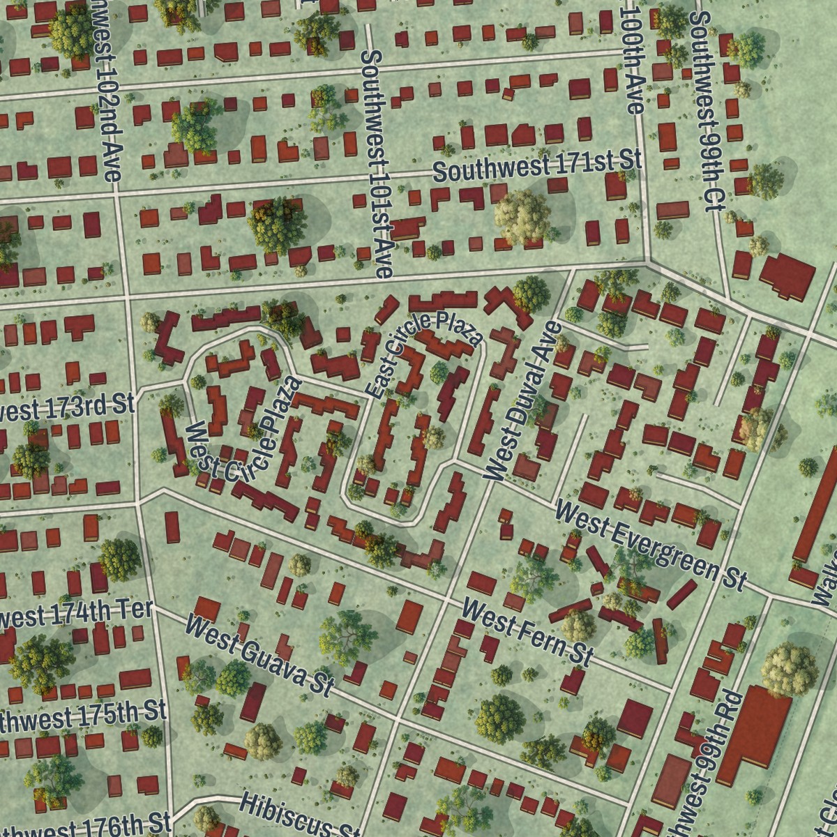Second close-up of the map of West Perrine, Florida print showing more streets and buildings