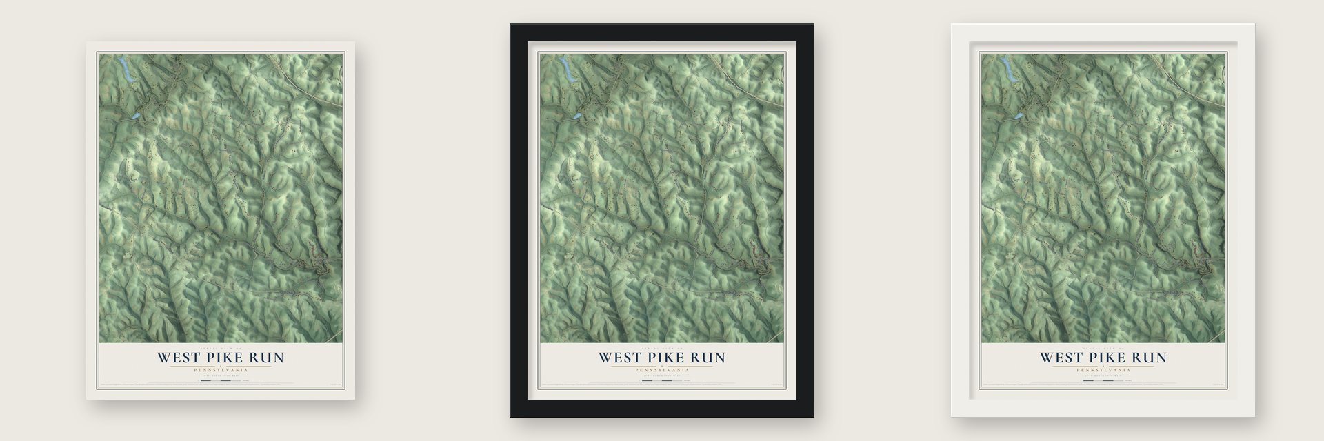 West Pike Run, Pennsylvania map unframed, in a black wood frame and in a white wood frame