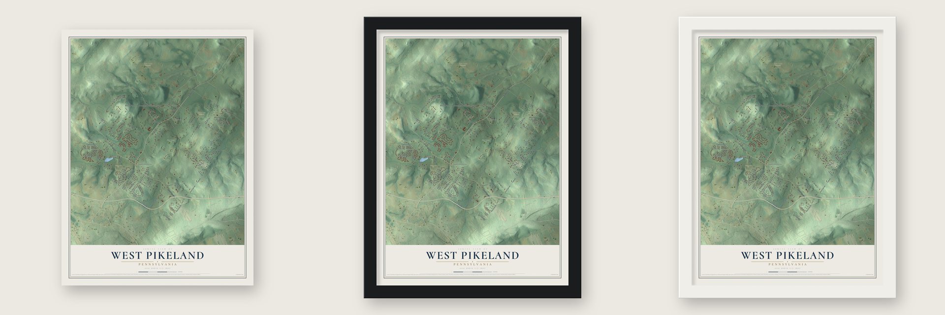 West Pikeland, Pennsylvania map unframed, in a black wood frame and in a white wood frame