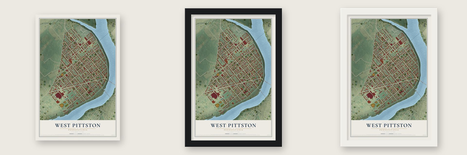 West Pittston, Pennsylvania map unframed, in a black wood frame and in a white wood frame