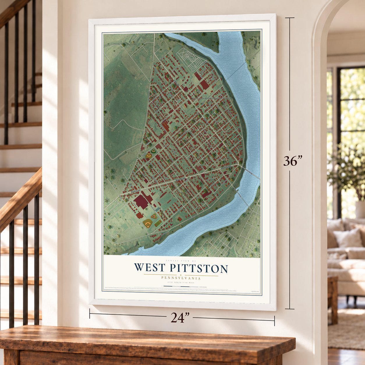 West Pittston, Pennsylvania map, 24 x 36 inch print in a white frame by a staircase