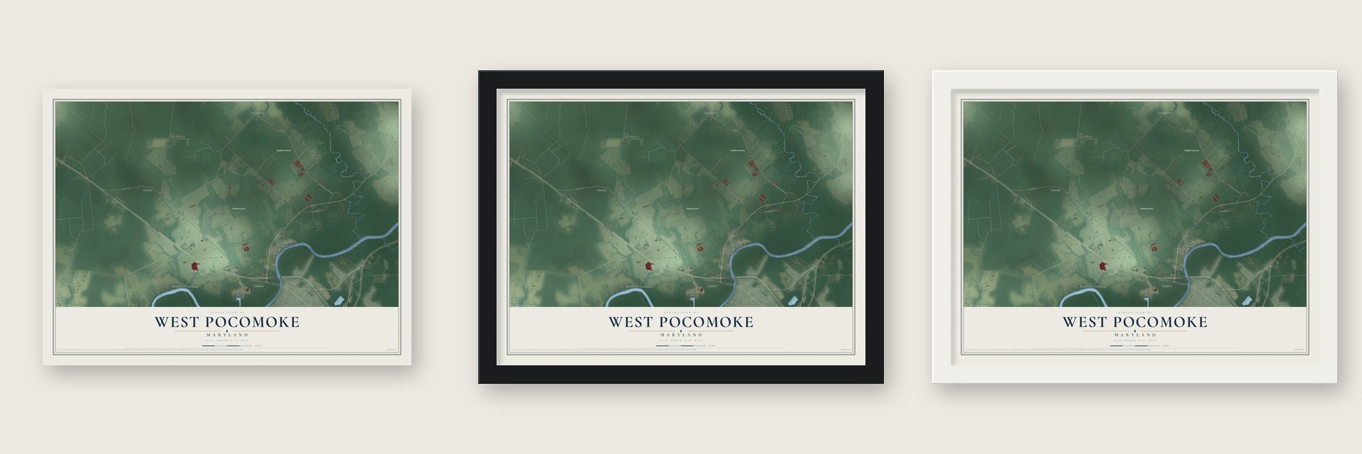 West Pocomoke, Maryland map unframed, in a black wood frame and in a white wood frame