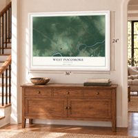 West Pocomoke, Maryland map, 24 x 36 inch print in a white frame above a dresser by a staircase