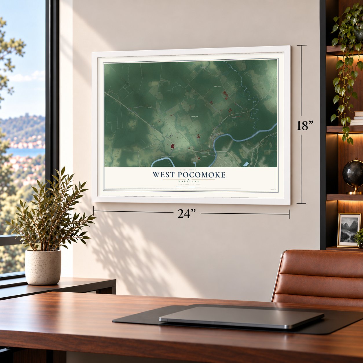 West Pocomoke, Maryland map, 18 x 24 inch print in a white frame in a home office