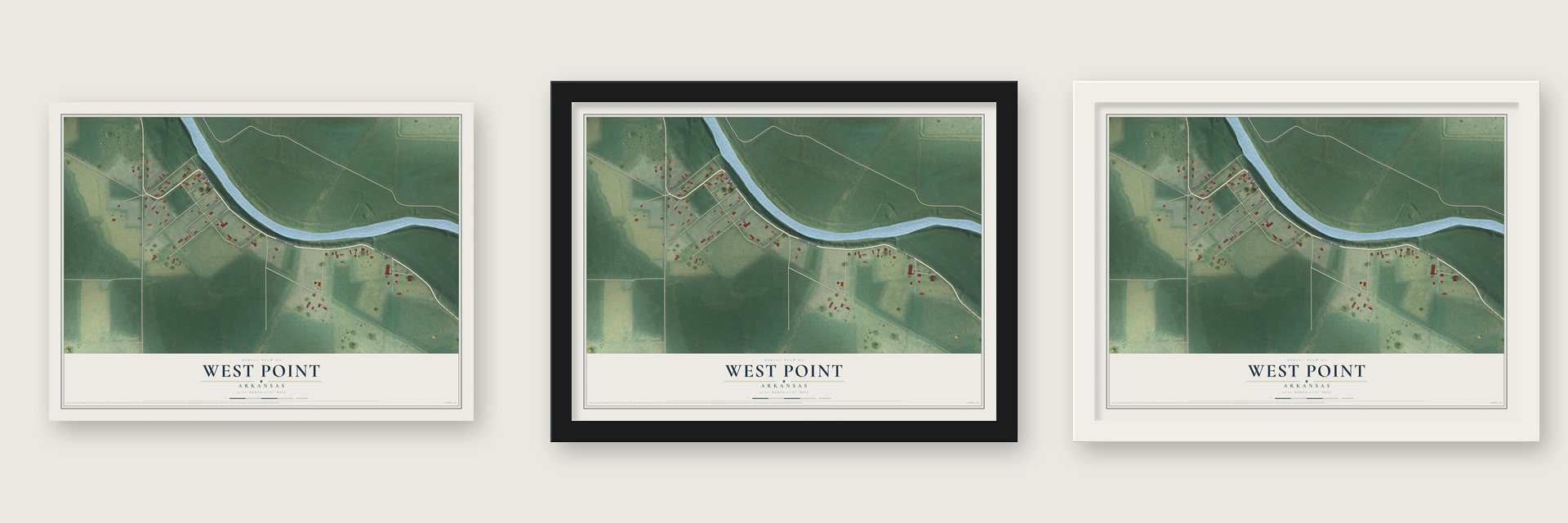West Point, Arkansas map unframed, in a black wood frame and in a white wood frame