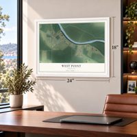 West Point, Arkansas map, 18 x 24 inch print in a white frame in a home office
