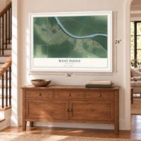 West Point, Arkansas map, 24 x 36 inch print in a white frame above a dresser by a staircase
