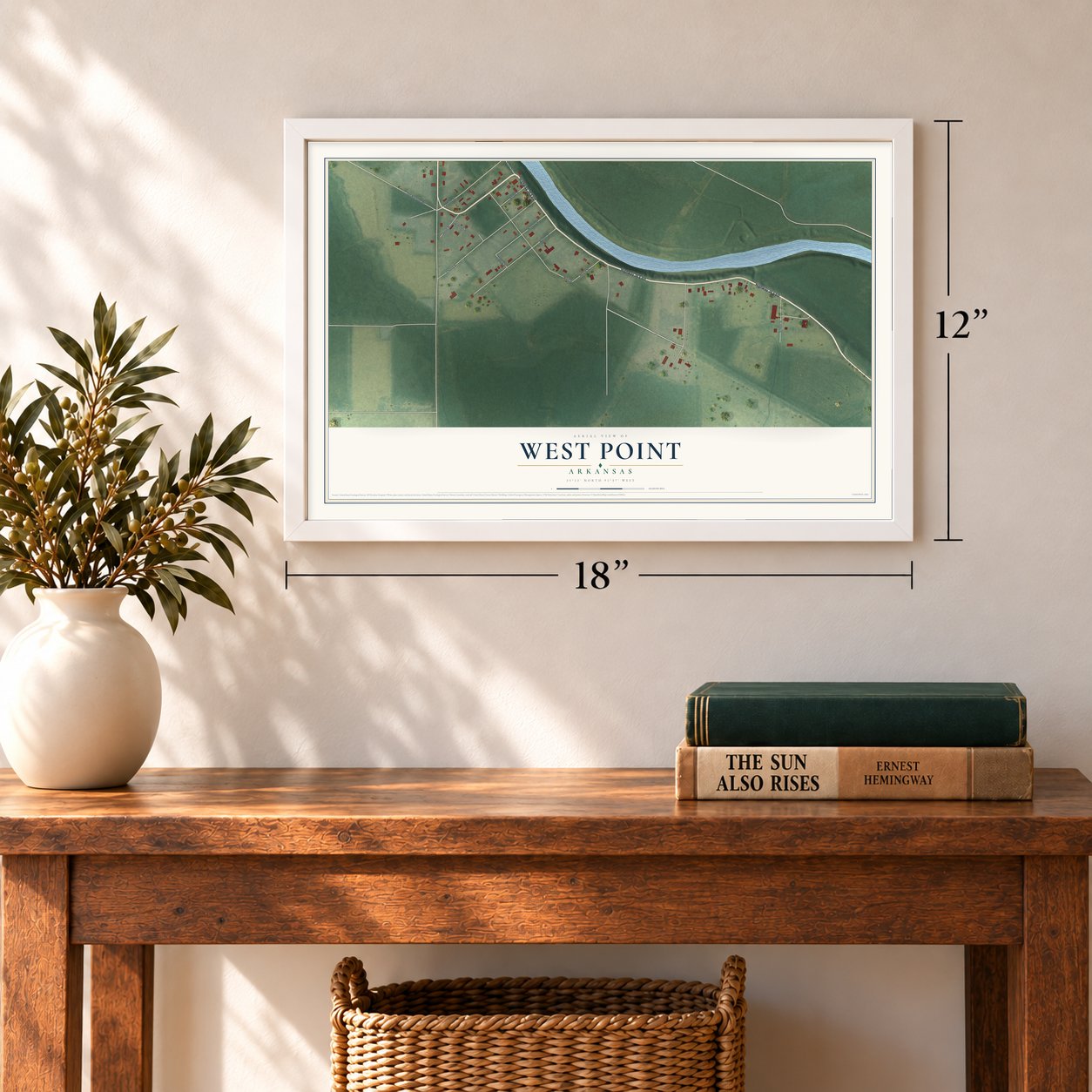 West Point, Arkansas map, 12 x 18 inch print in a white frame in an entryway