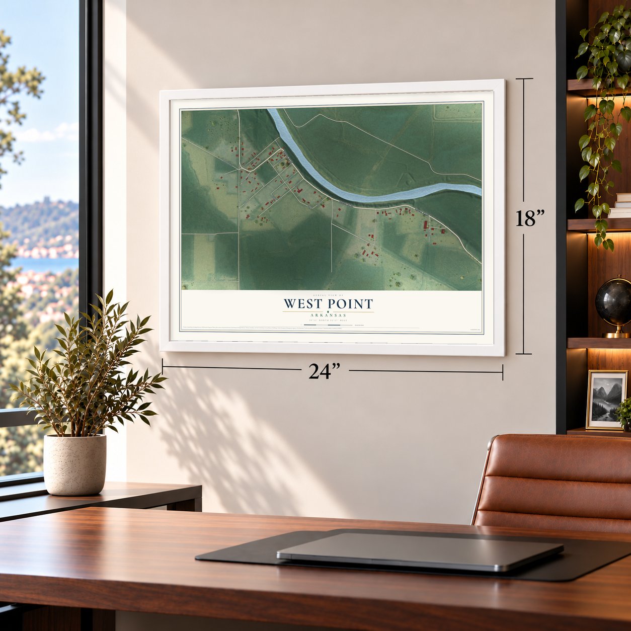 West Point, Arkansas map, 18 x 24 inch print in a white frame in a home office