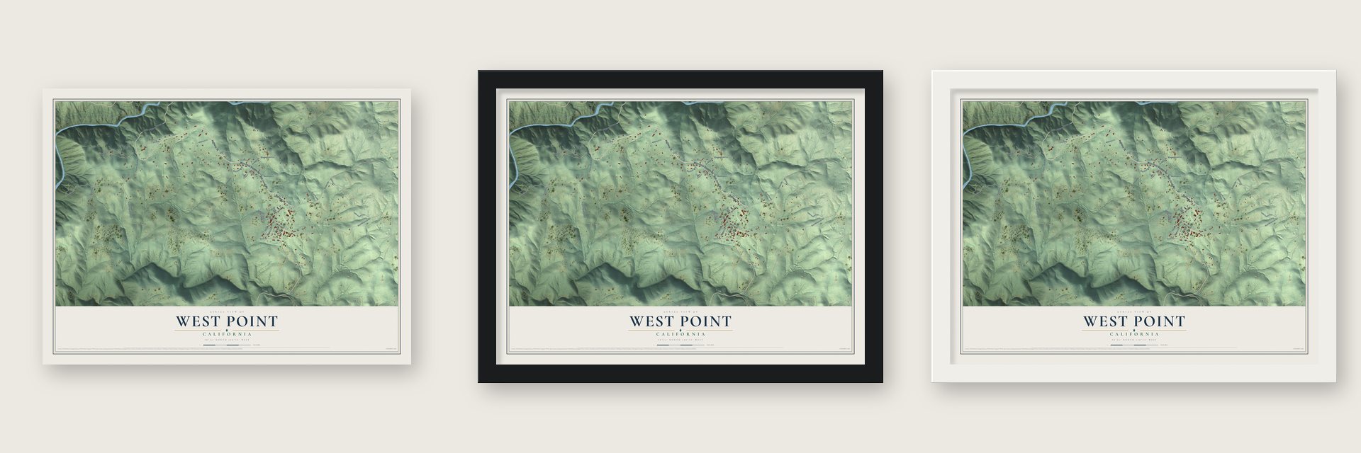 West Point, California map unframed, in a black wood frame and in a white wood frame