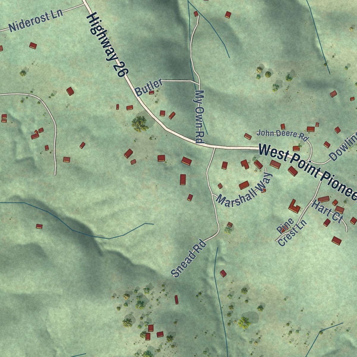 Second close-up of the map of West Point, California print showing more streets and buildings