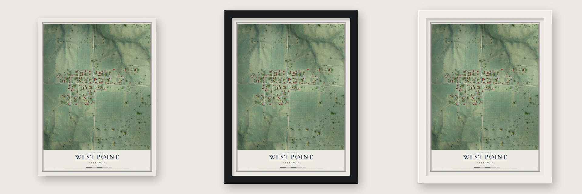 West Point, Illinois map unframed, in a black wood frame and in a white wood frame
