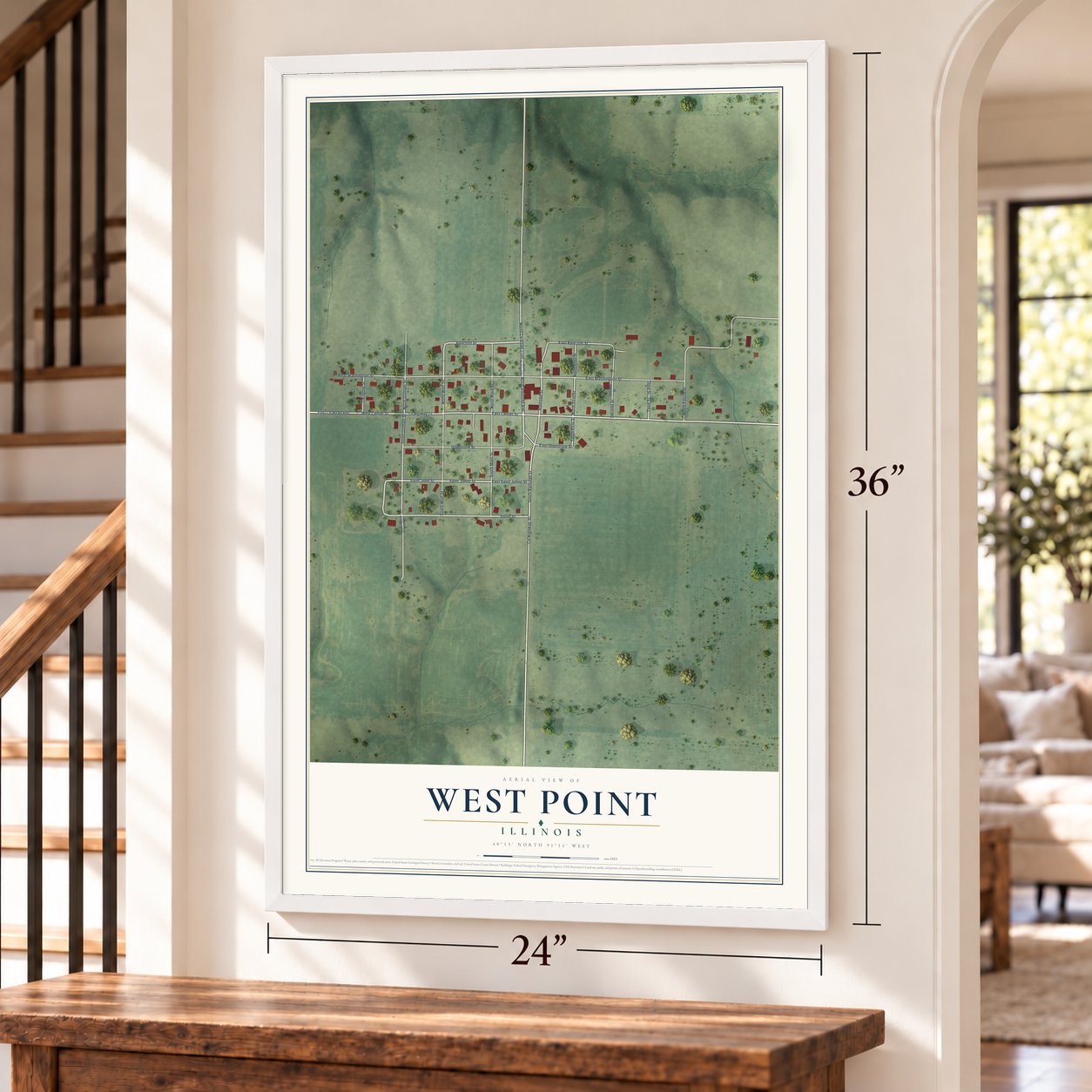 West Point, Illinois map, 24 x 36 inch print in a white frame by a staircase