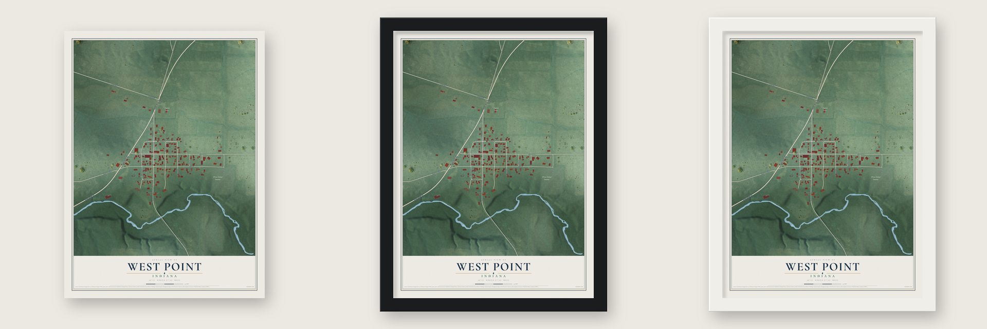 West Point, Indiana map unframed, in a black wood frame and in a white wood frame