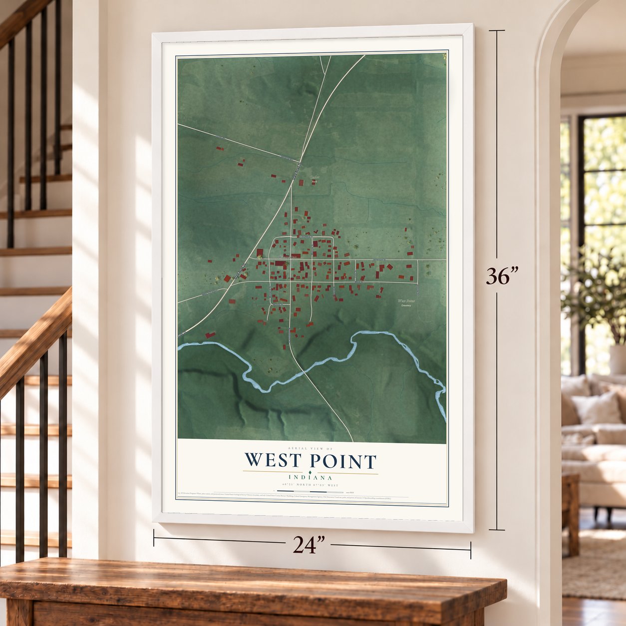 West Point, Indiana map, 24 x 36 inch print in a white frame by a staircase